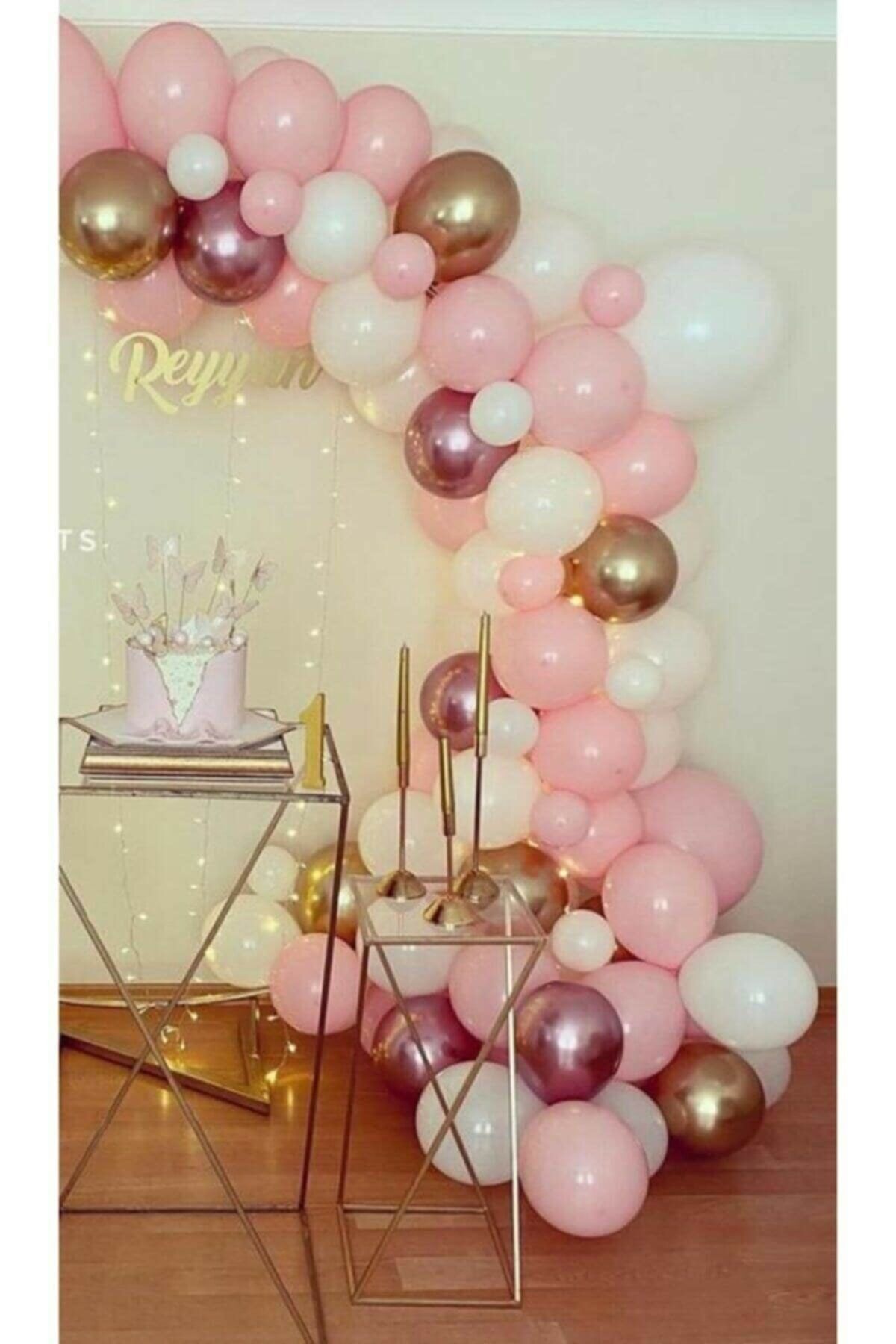 Krom Pembe Krom Gold Pastel Beyaz Pembe Balon Konsept Balon