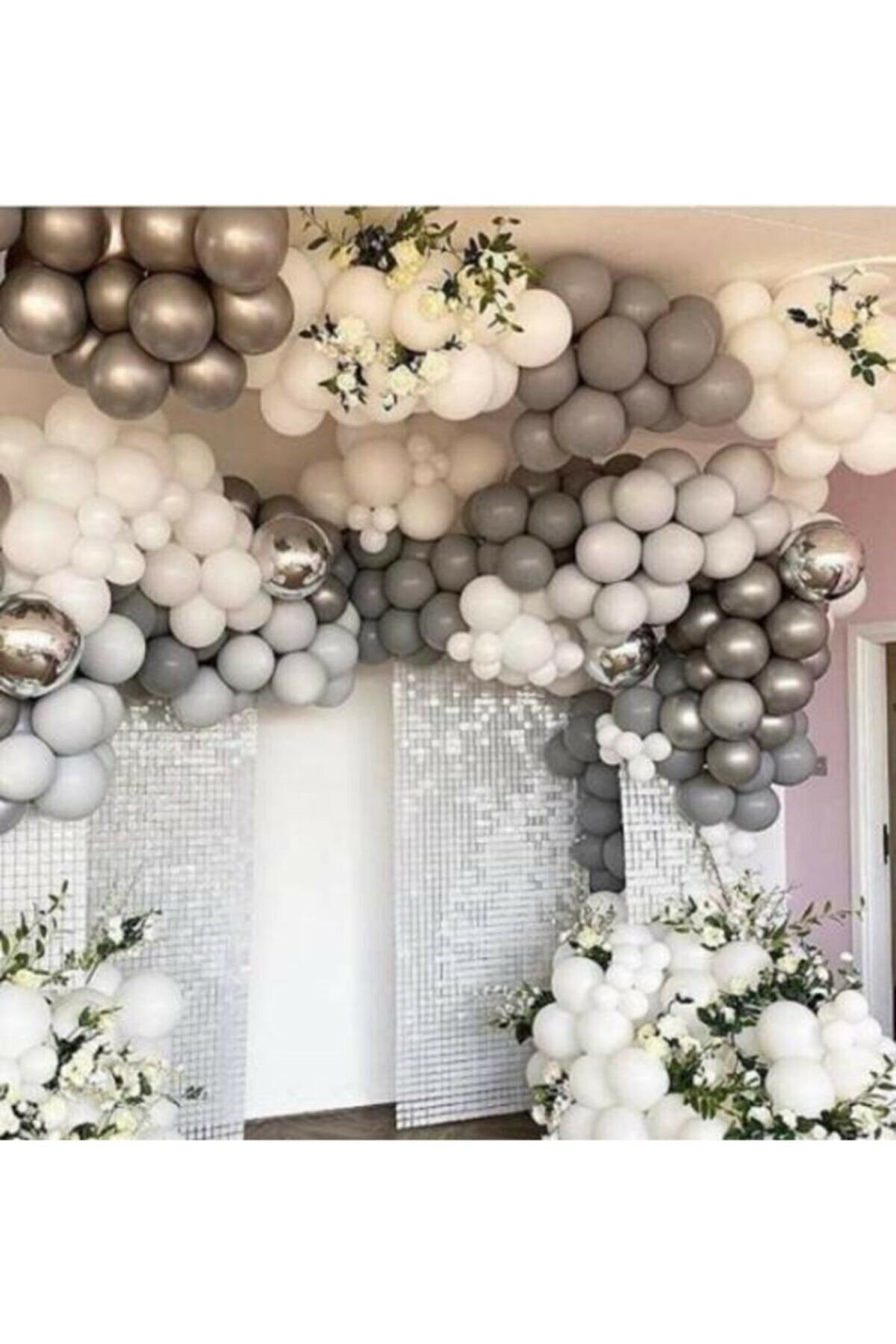 Pastel Gri Metalik Gri Pastel Beyaz 100 Adet Balon Ve Balon Zincir
