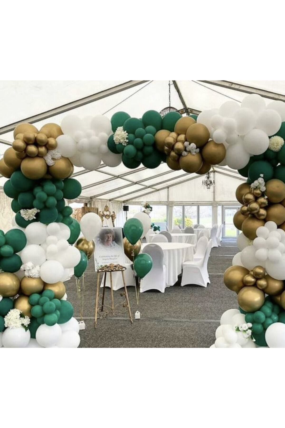 Krom Gold Pastel Koyu Yeşil Ve Beyaz Balon Zinciri 100 Adet
