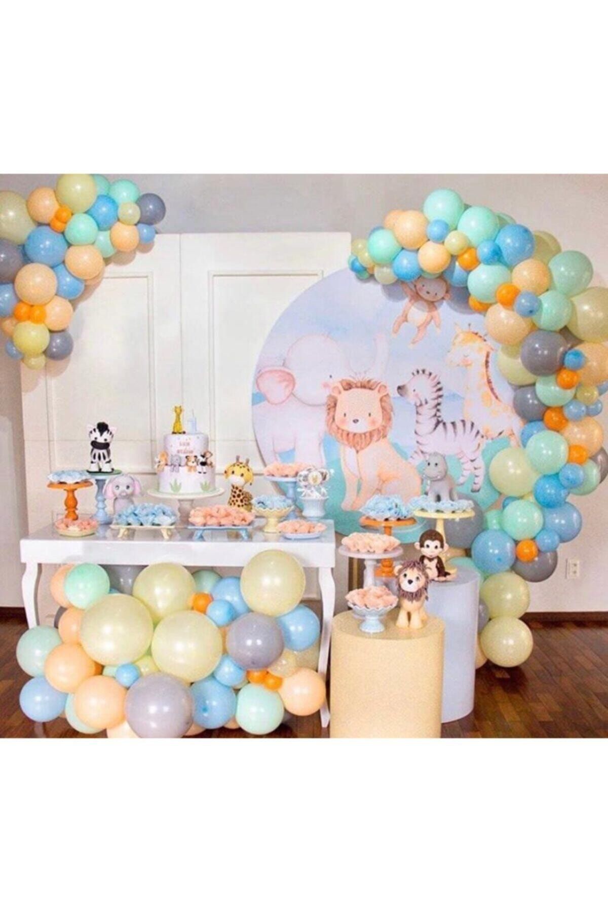 Orman Konsept Pastel Sarı Mavi Somon Gri Turuncu Yeşil Balon Zinciri 100 Adet