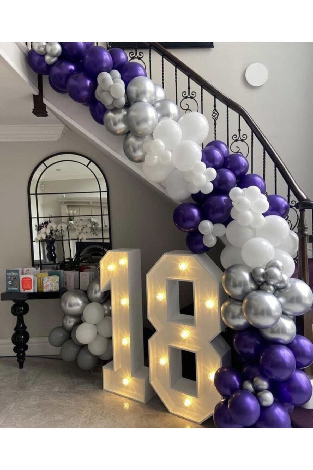 Pastel Mor Pastel Beyaz Krom Gümüş Balon Zinciri