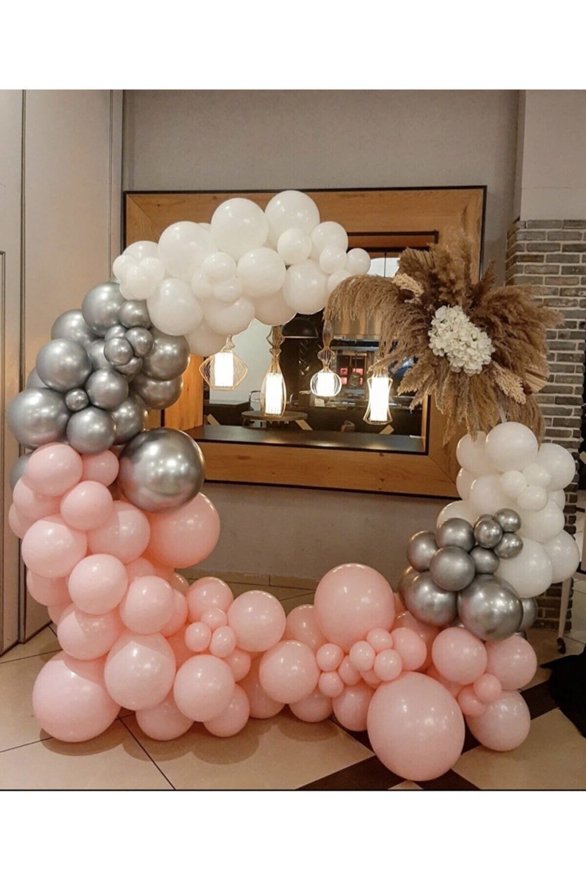 Krom Gümüş Makaron Pembe Ve Beyaz Balon Zinciri 100 Adet