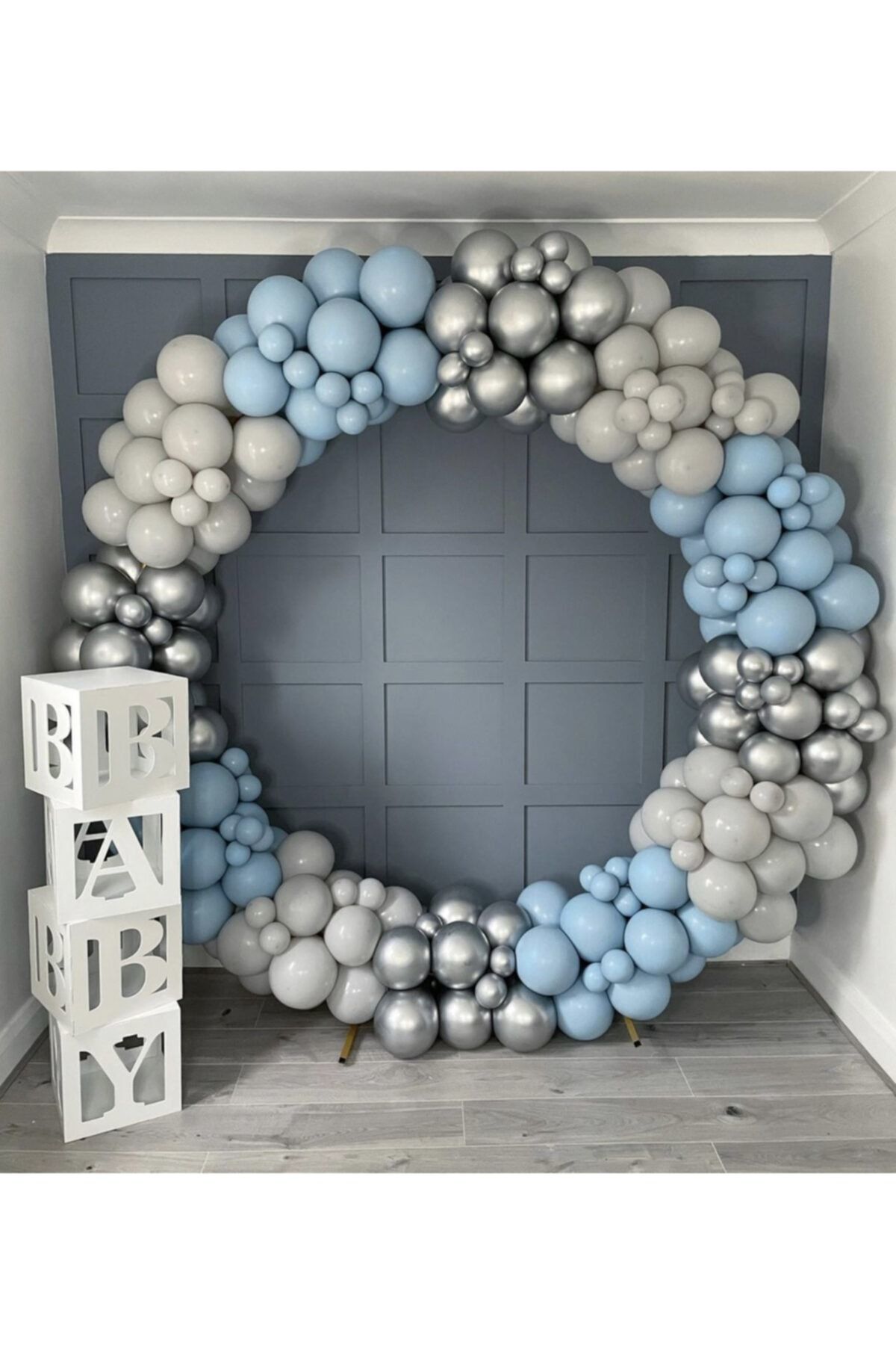 Krom Gümüş Pastel Duman Fırtına Mavisi Balon Zinciri 100 Adet
