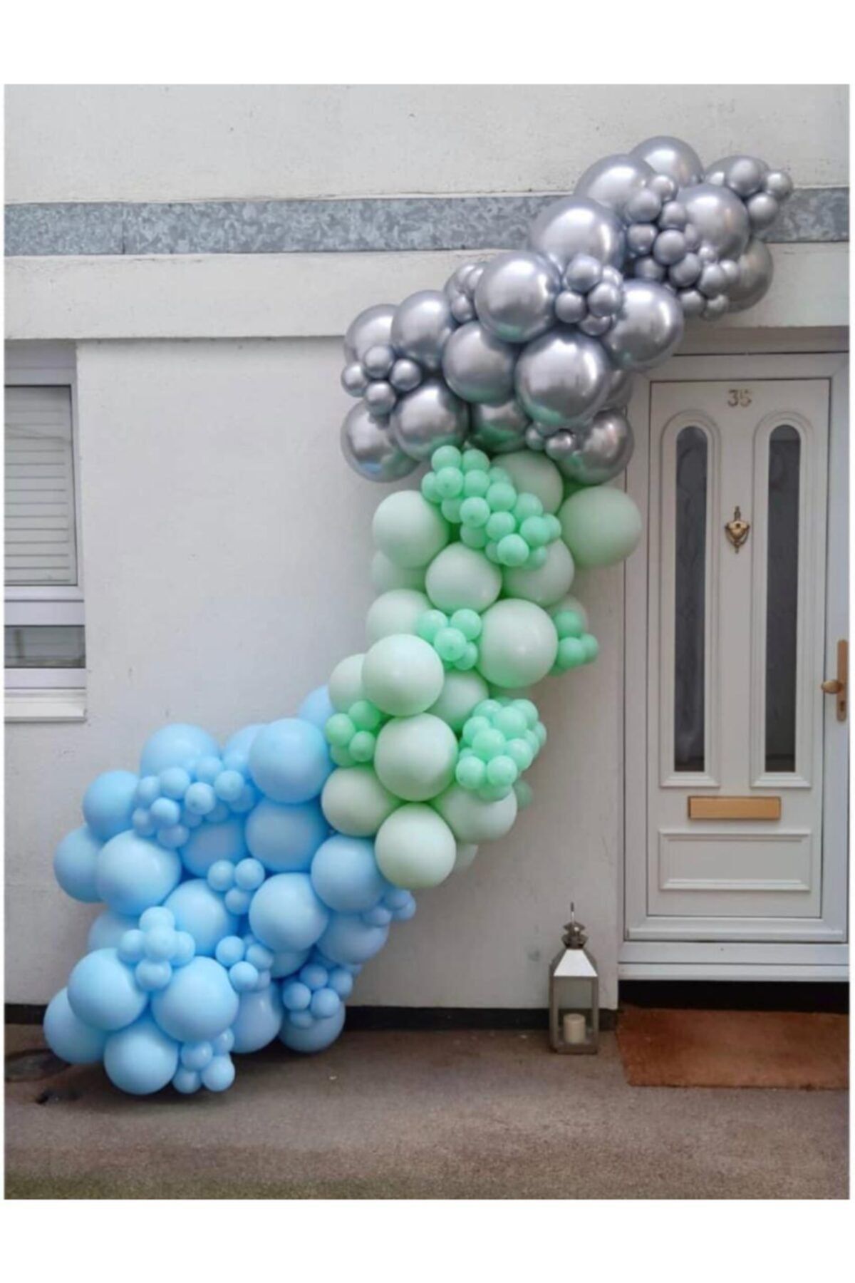 Krom Gümüş Makaron Mavi Ve Mint Yeşili Pastel Balon Zinciri 100 Adet