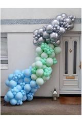 Krom Gümüş Makaron Mavi Ve Mint Yeşili Pastel Balon Zinciri 100 Adet