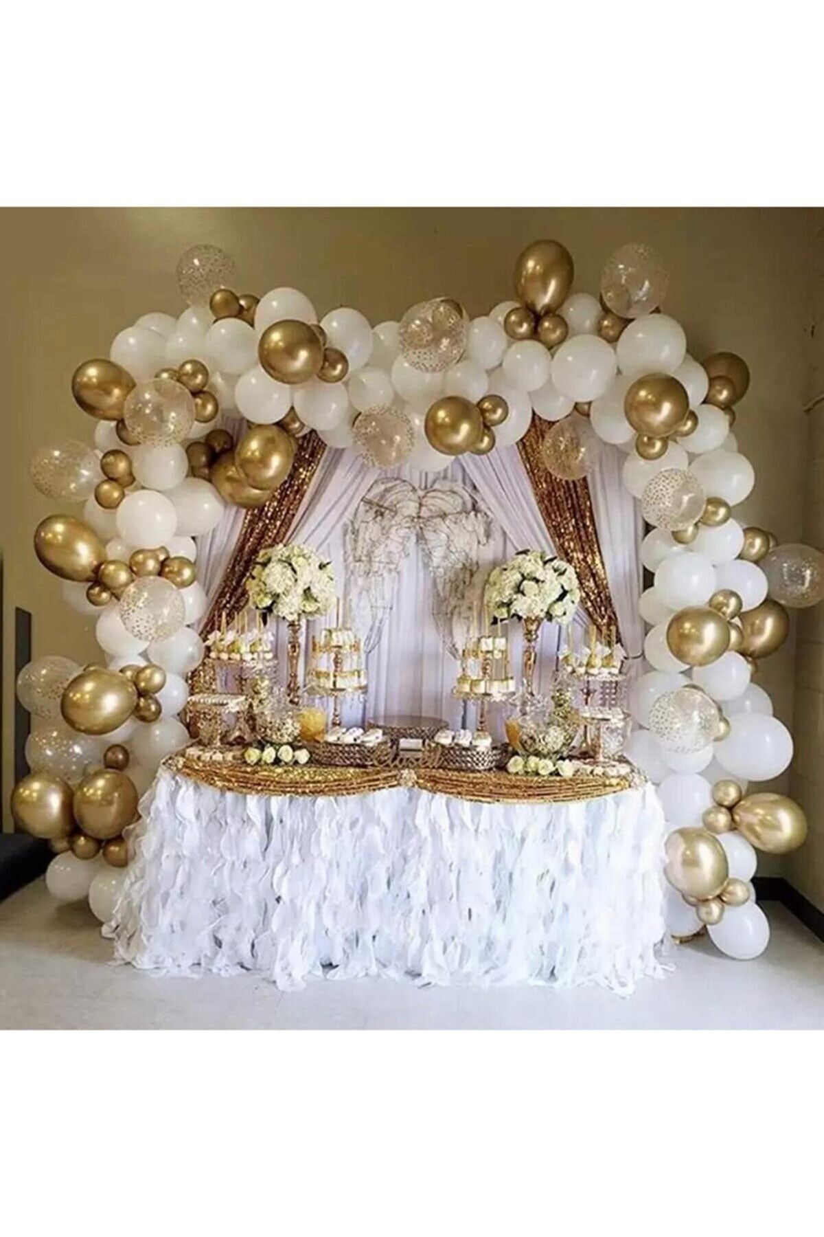 Krom Gold Beyaz Ve Şeffaf Gold Konfetili Balon Zinciri 100 Adet