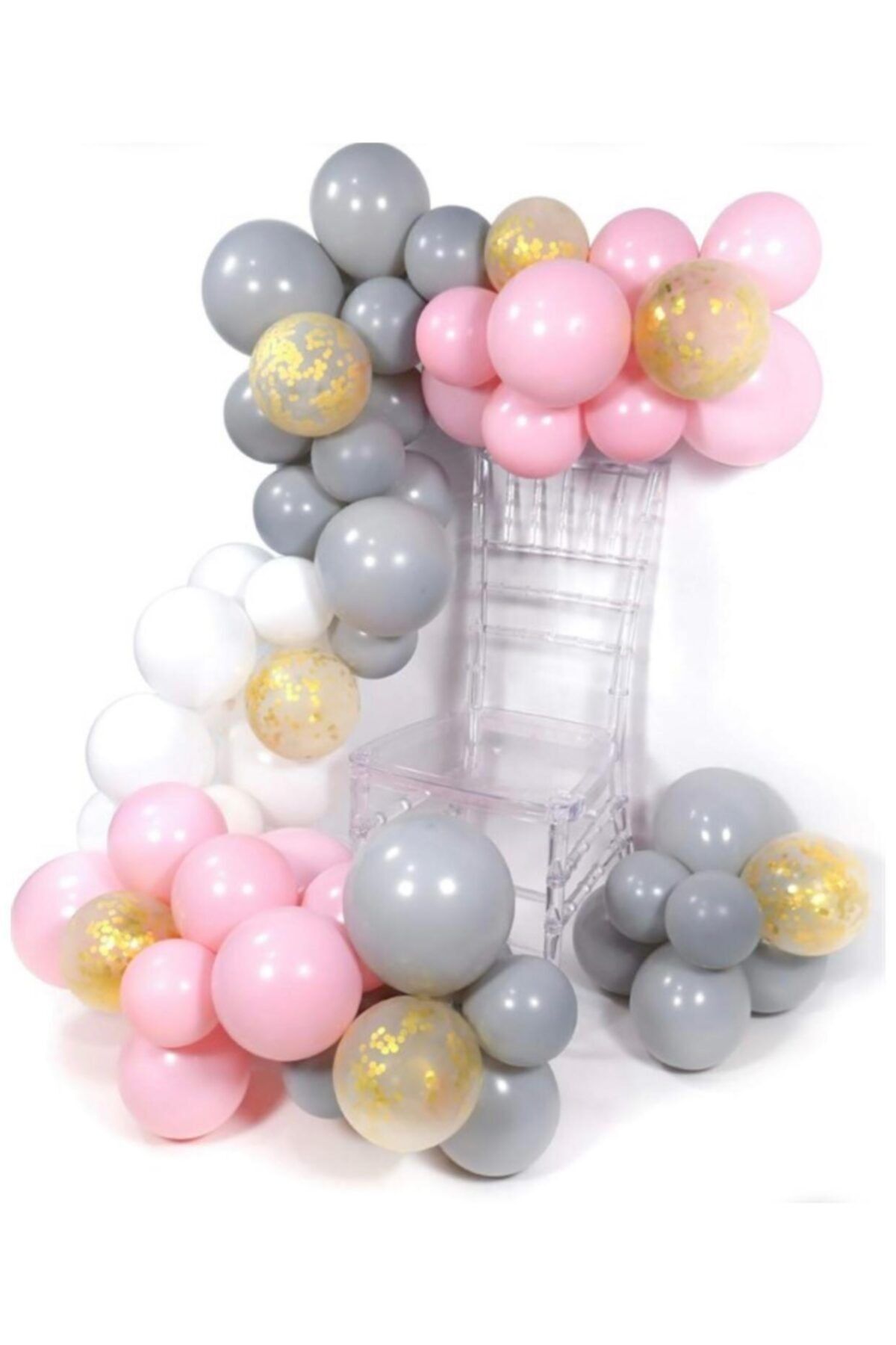 Pastel Gri Beyaz Pembe Ve Şeffaf Gold Konfetili Balon Zinciri 100 Adet