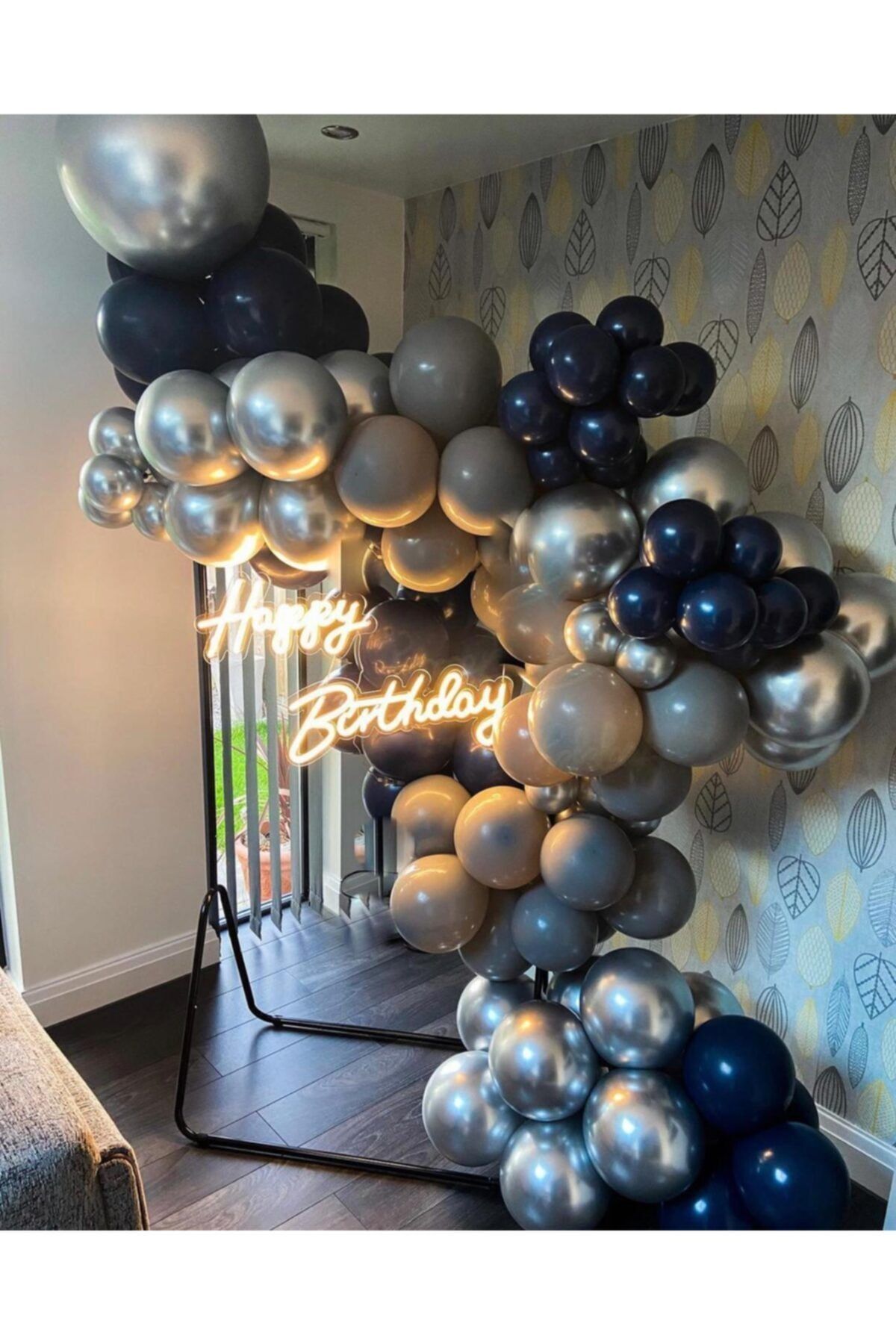 Krom Gümüş Gece Mavisi Gri Pastel Balon Zinciri 100 Adet
