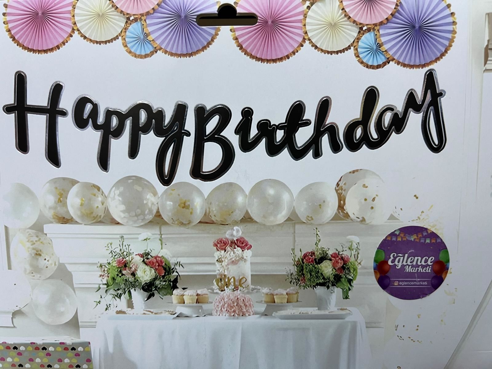 Happy Birthday Varaklı Kaligrafi Banner Siyah Gümüş