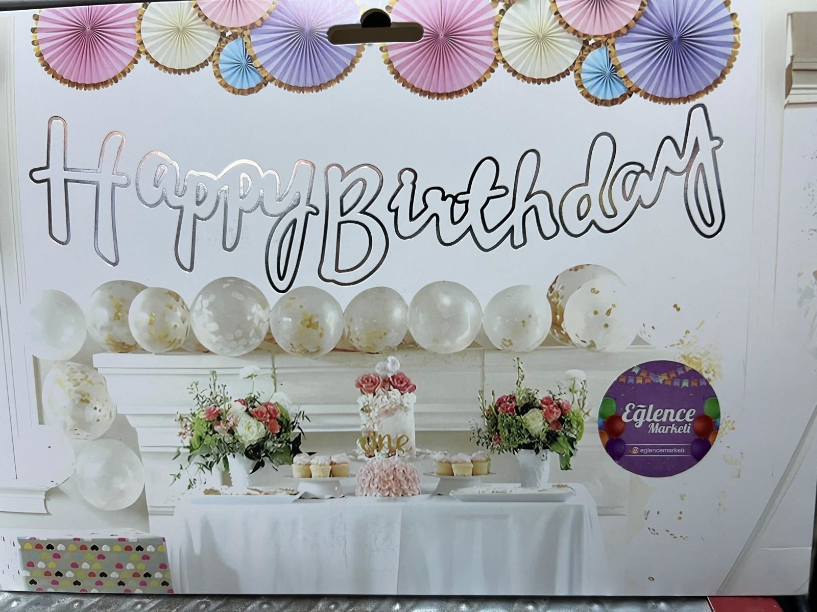 Happy Birthday Varaklı Kaligrafi Banner Beyaz Gümüş