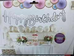 Happy Birthday Varaklı Kaligrafi Banner Beyaz Gümüş