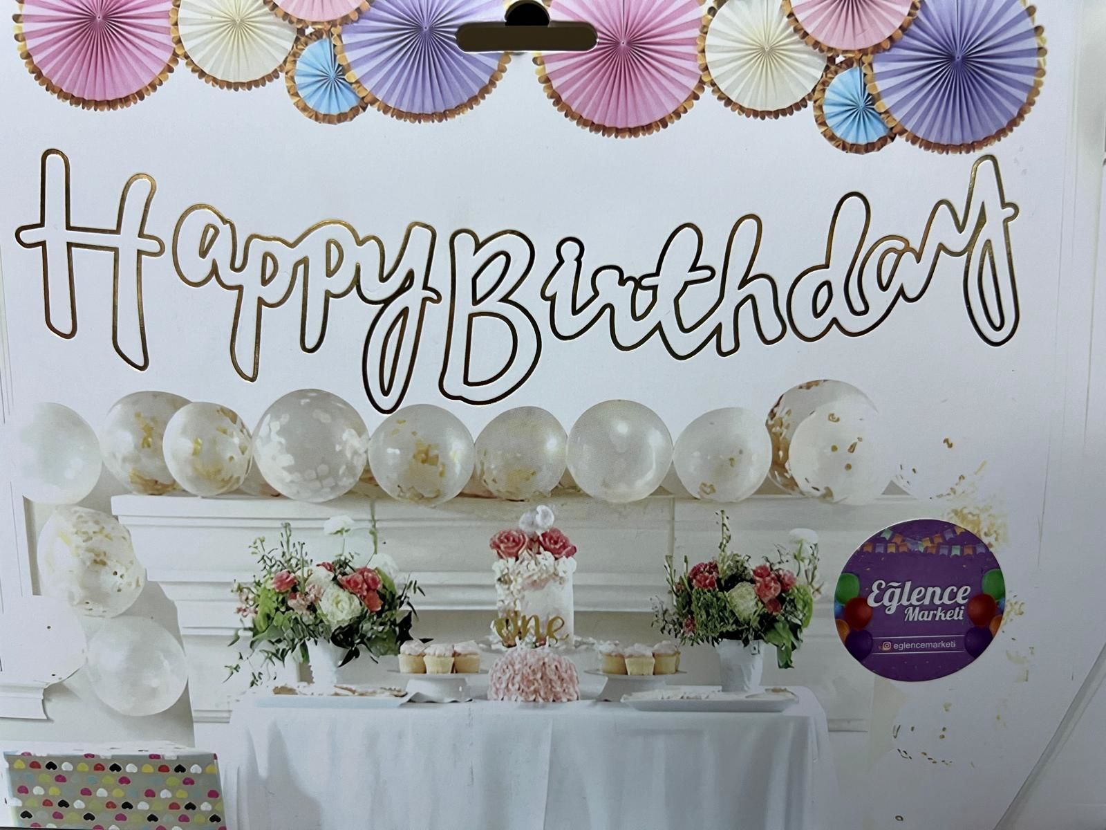 Happy Birthday Varaklı Kaligrafi Banner Beyaz Altın