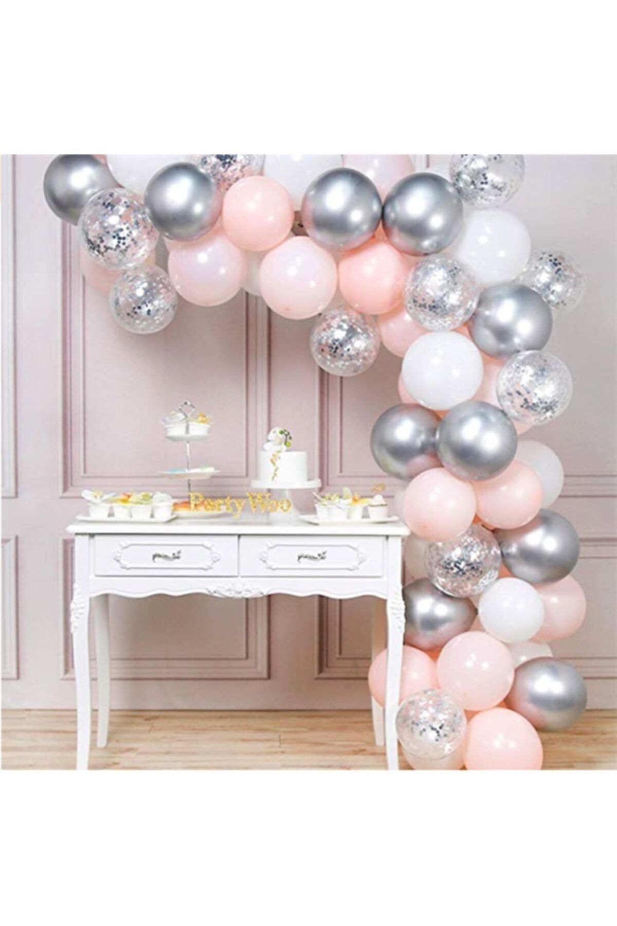 100 Adet Soft Pembe Gümüş Zincir Balon Seti 5 Metre