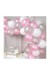 100 Adet Pembe Beyaz Gümüş Balon Ve 5 Metre Balon Zinciri