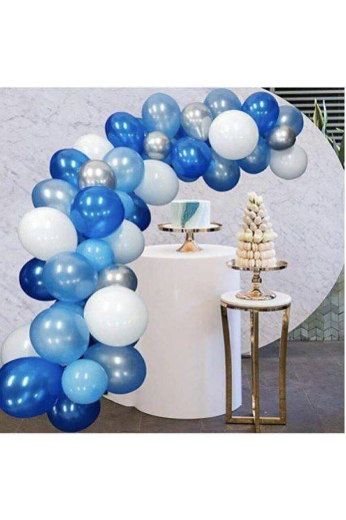 Balon Parti 100 Adet Beyaz Mavi Gri Lacivert Metalik Balon Ve Balon Zinciri